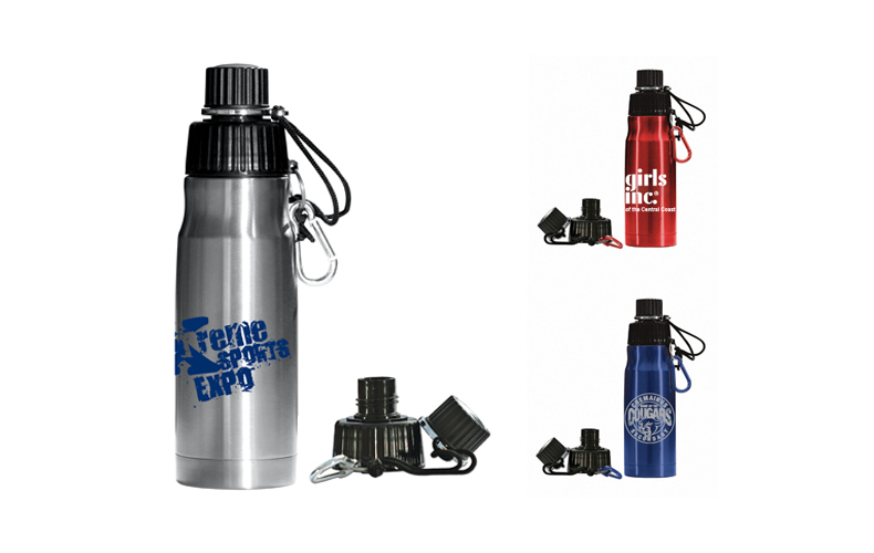 20 oz. Stainless Steel Bottle Dual Opening Cap BPA Free / Includes Carabiner Clip 20 oz. Stainless Steel Bottle Dual Opening Cap BPA Free / Includes Carabiner Clip
